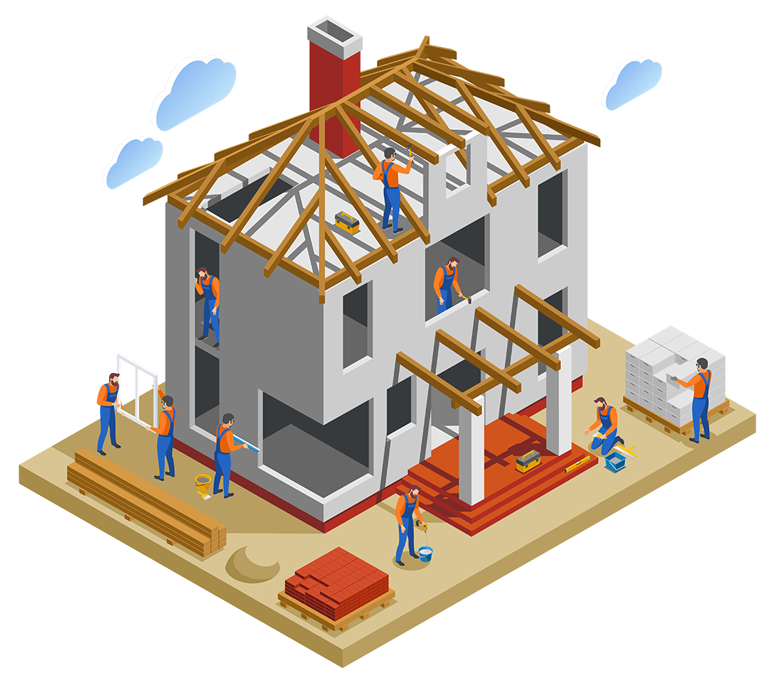 Illustration of contractors building a house